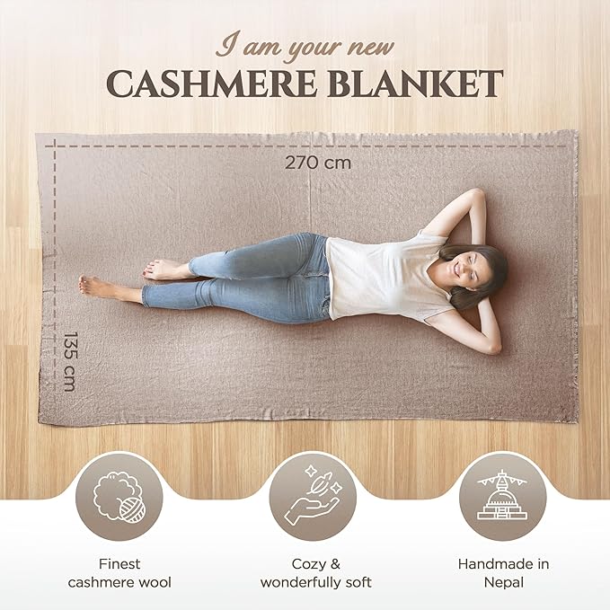 Cashmere Blanket – Hand Woven 100% Pure Wool Throw Blanket, 135 x 270 cm – Fine Herringbone Pattern Cozy, and Soft Blanket for Bed, Sofa, or Couch - Made in Nepal