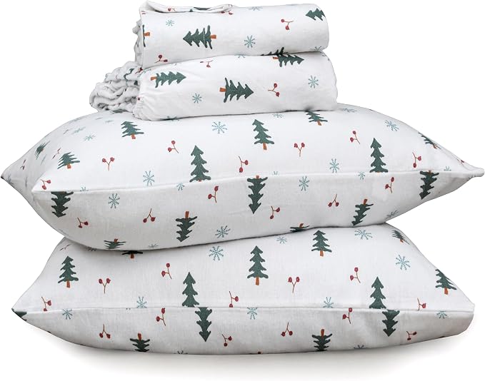 RUVANTI Flannel Sheets King Size - 100% Cotton Double Brushed King Bed Sheets Set - Deep Pockets 16 Inches - All Seasons Breathable & Extra Soft - Warm & Cozy, 4 Piece, Berry & Pine