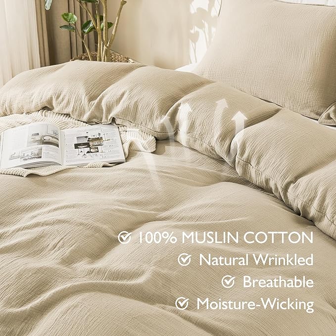 EMME Muslin Cotton Duvet Cover Set Queen Size Linen Like Soft Breathable Lightweight Summer Comforter Cover Set with Zipper Closure (Queen, 90"x90")