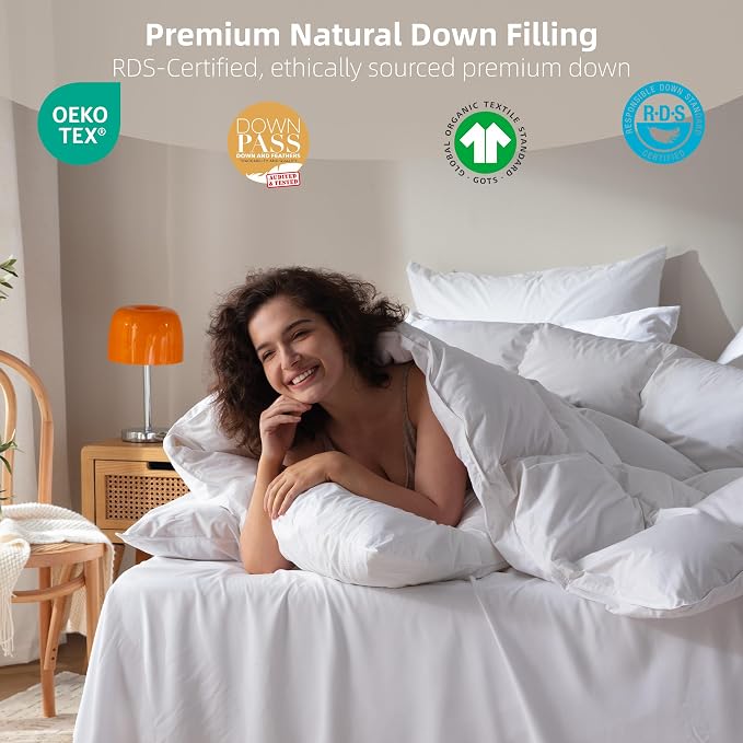 Goose Feather Down Comforter Queen Size,100% Organic Cotton Duvet Insert,All-Season Luxury Duvet Insert with Baffle Box Design, 750+Fill Power Hotel Collection Bedding Comforter