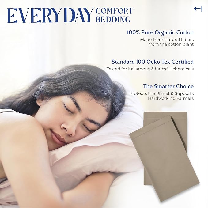 Mayfair Linen 100% Organic Cotton King Size Pillow Cases Set of 2 - Soft Hotel Quality Covers for King Size Pillows (Taupe), Authentic GOTS Certified, Crisp, Cooling Percale Weave Cotton Pillowcases