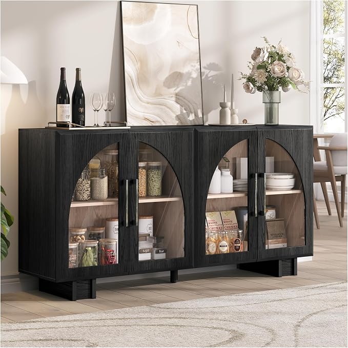 JOINICE 63” Sideboard Buffet Cabinet with Storage for Dining Room,Black | Modern Accent Console Cabinet with Arched Glass Doors,supports up to 100 lbs,Adjustable Shelves,for Kitchen,Entryway