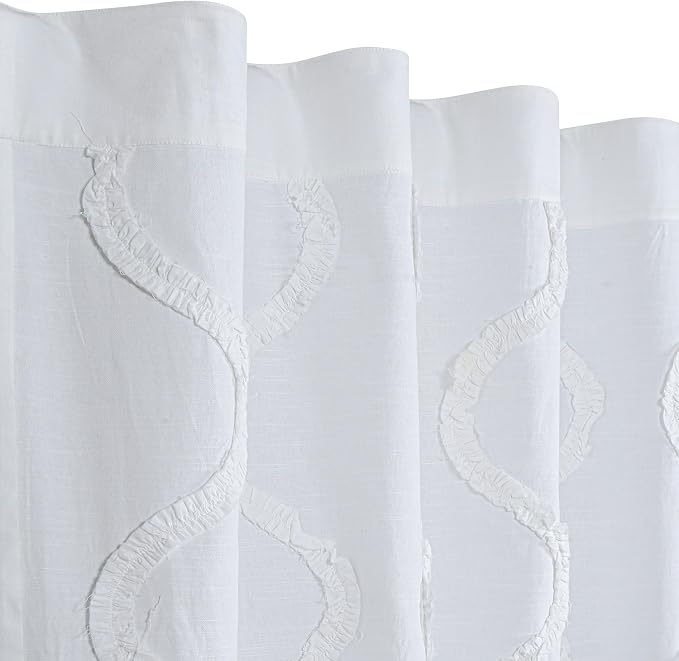 Bedding Craft White Farmhouse Tab Top Curtains 96 Inch Long – Set of 2 Cotton Semi Sheer Light Filtering Drapes with Frill Trim, Rustic Boho Window Curtains for Living Room Bedroom