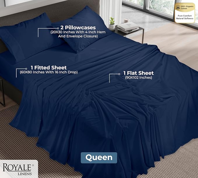 ROYALE LINENS 100% Organic Cotton Queen Sheet Set - Percale Weave - 4 Pieces Set - 1 Flat, 1 Deep Pocket Fitted Sheet and 2 Pillowcases - Navy Bed Sheets - Sábanas Queen - Crisp Cool (Navy)