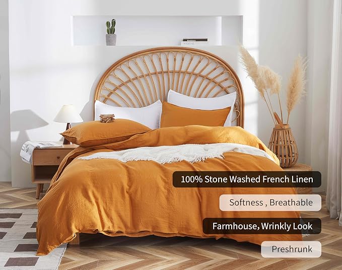 100% French Flax Linen Duvet Cover Set, Queen Size 90''x90'' 3 Pcs with 8 Corner Ties and Button Closure, Soft and Breathable for All Season(Rust, Queen)