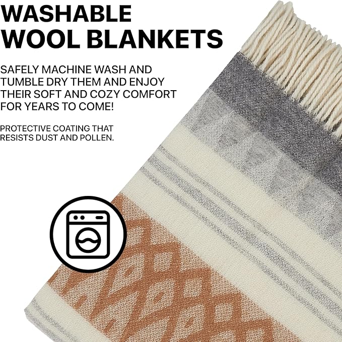 | Wool Blanket/Throw | 100% New Zealand Wool | Perfect for Home and Outdoors | Virgin Wool Throw with Fringes 67"x79" (170 x 200 cm)