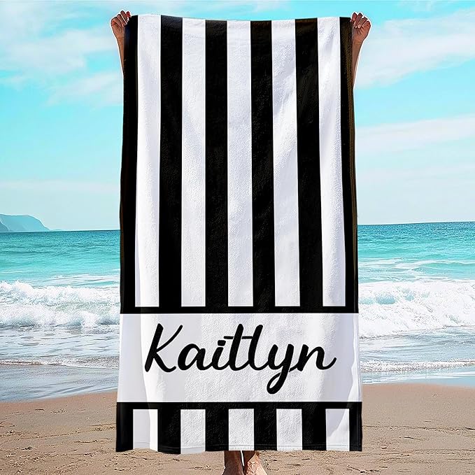 JML Personalized Beach Towel with Name, Custom Cabana Stripe Beach Towel, Customized Microfiber Pool Towel, Quick Dry & Absorbent Swim Towel for Adult,Anniversary, Birthday, Summer Holiday,Vacation