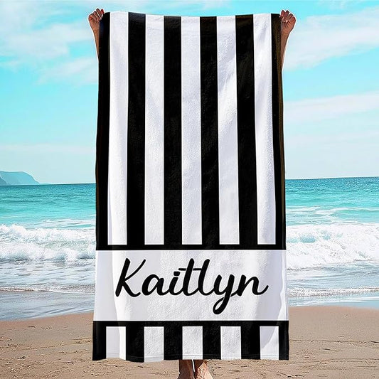 JML Personalized Beach Towel with Name, Custom Cabana Stripe Beach Towel, Customized Microfiber Pool Towel, Quick Dry & Absorbent Swim Towel for Adult,Anniversary, Birthday, Summer Holiday,Vacation