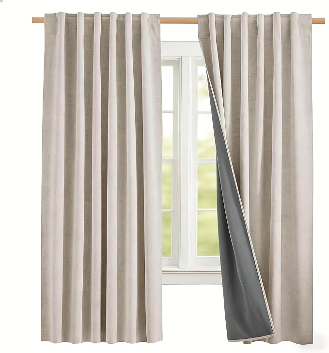 NICETOWN 100% Black Out Curtains 72 inch Long, Thick Linen Blend Classic Rod Pocket Back Tab Blackout Draperies with Thermal Insulated Liner for Bedroom, Nursery (Natural, Set of 2, 52 by 72-inch)