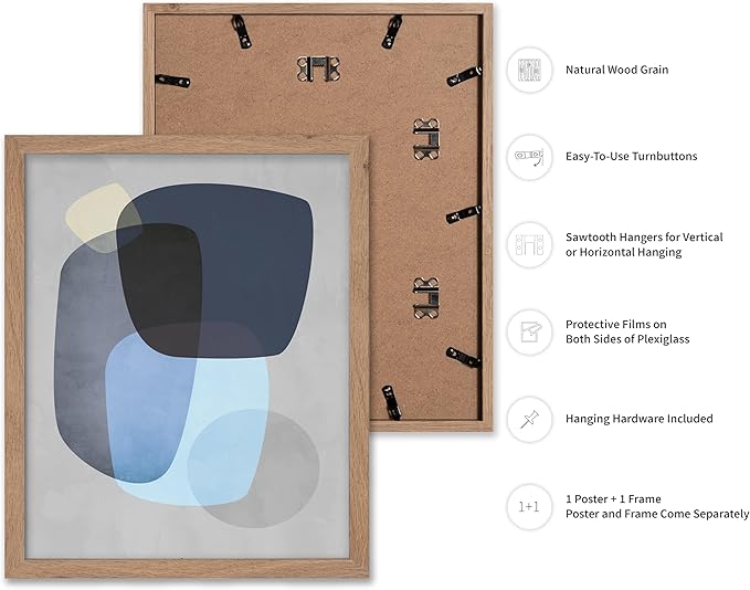 Monem Art Abstract Blue Shapes Print - Scandinavian Minimalist Art Poster - Wall Decor for Living Room, Bedroom or Office - 12x16 Beige Framed Wall Art by Mareike Bohmer