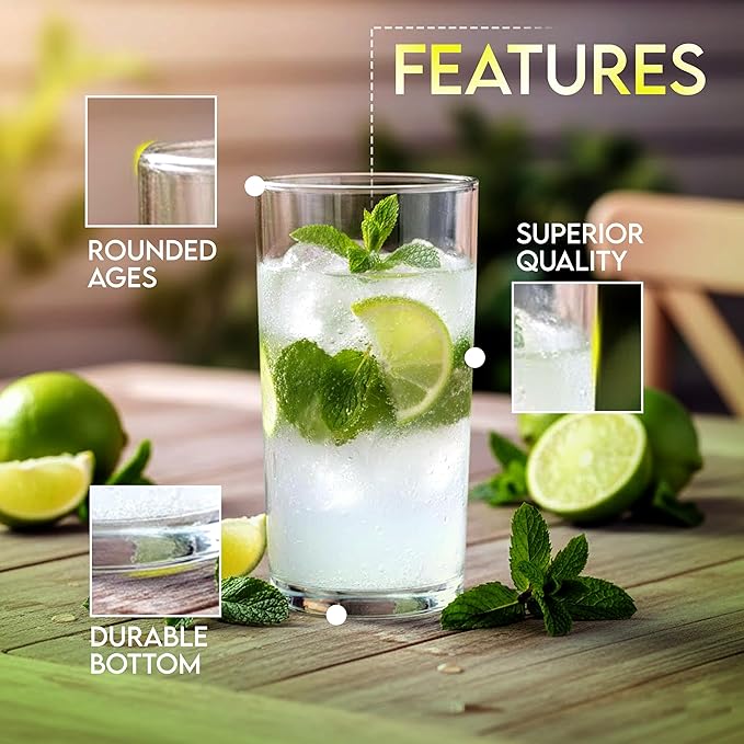 KICHLY Clear Drinking Glasses, Pack of 8 Tumbler Cups, 16 Ounce, Reusable Plastic Cups Set, BPA Free, Stackable, Break Resistant, Lightweight & Dishwasher Safe Plastic Drinking Water Cup Set