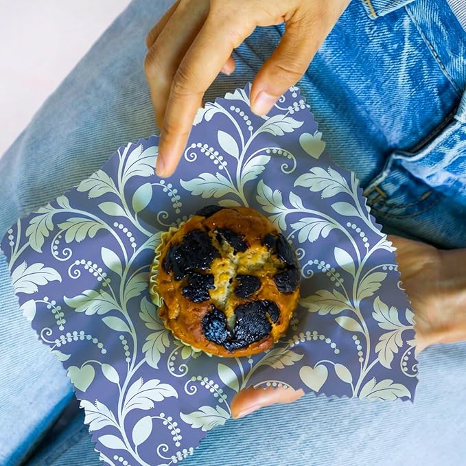 Reusable Beeswax Wraps, 9 Pack Sandwich Bowl Bread Food Storage, Organic Sustainable Zero Waste Plastic-Free, 1XL, 3M, 5S, Indigo Blue Floral Wave and Leaf Patterns