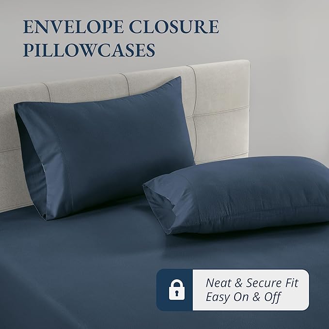 LANE LINEN Fitted Sheet King Size, 100% Organic Cotton, 3-Piece Set (1 Fitted Sheet,2 Pillowcases), Percale Weave, Ultra Soft, Breathable,Fits Mattress Upto 15" Deep - Navy (No Flat Sheet)