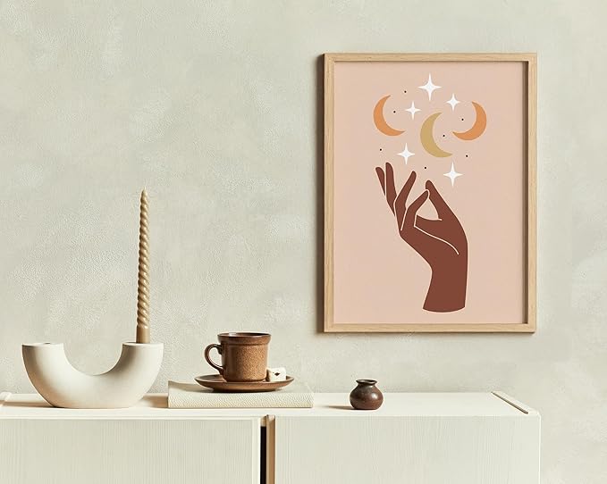 Mystical Hand Wall Art Celestial Moon and Stars Print Earth Tones Terracotta Mid Century Modern 11x14 Inch Oak Wood Beige Framed Spiritual Decor for Bedroom