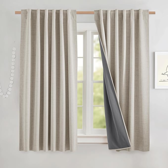 NICETOWN Natural Short 100% Blackout Curtains 63" Lenghth Burg for Kitchen, Burlap Linen Drapes with Thermal Insulated White Liner, Keeping Out Cold Air and Heat Panels (Set of 2, 52" Width)