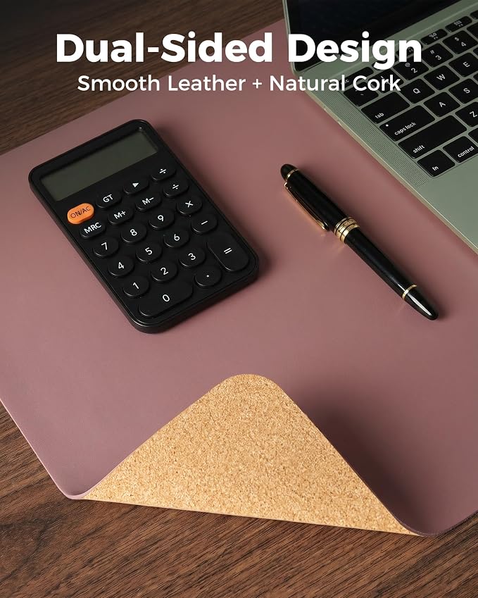 Aothia Dual-Sided Desk Mat, FSC Cork & PU Leather Desk Pad, Large Mouse Pad & Writing Surface for Multi-Device Workspace, Non-Slip Waterproof Desk Protector - 37.8" x 17", Pale Mauve