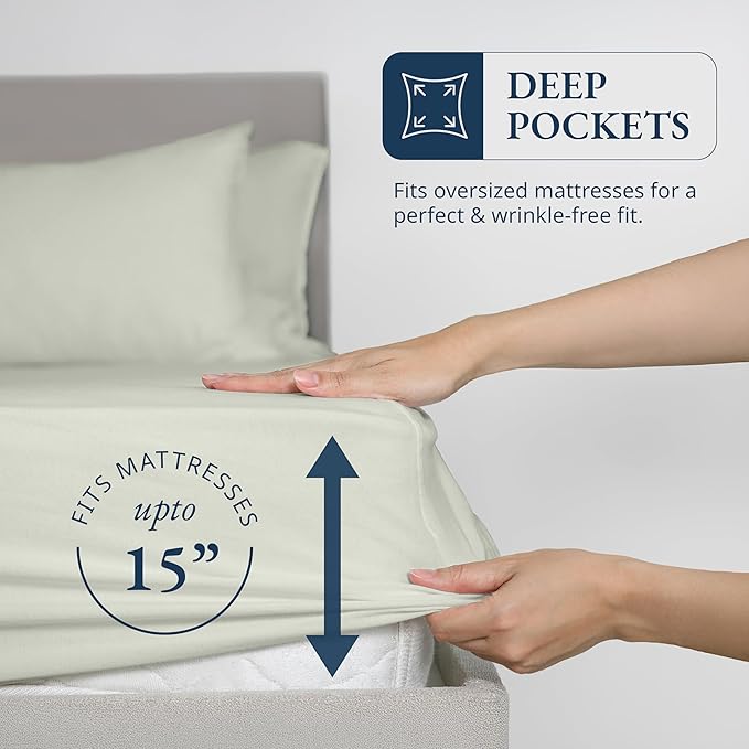 LANE LINEN 100% Organic Cotton Fitted Bed Sheets Queen Size (+Pillowcases) Soft & Comfy Percale Weave Fully Elasticized Low Pilling Fade Resistant Deep Pocket Fits Mattress Upto 15" - Mineral