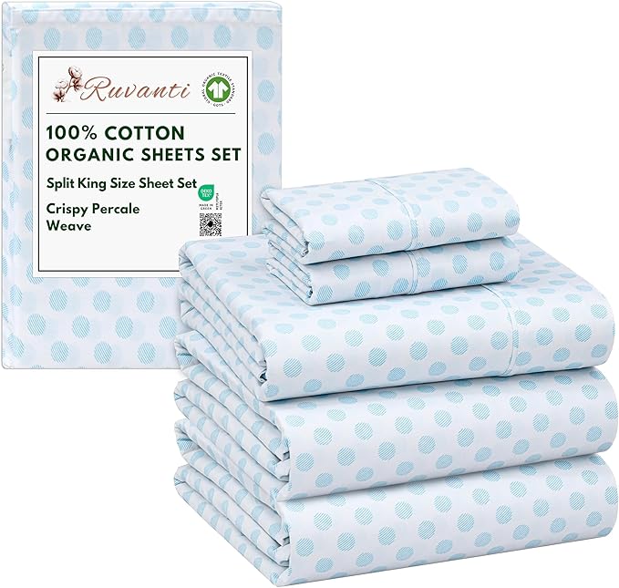 RUVANTI 100% Cotton Organic Percale Sheets Split King Size – Crisp Cooling Bed Sheets for Hot Sleepers, Deep Pocket 15”, Soft Peach Finish, Breathable & Durable Hotel-Style 5 Pcs, Circle Imprint