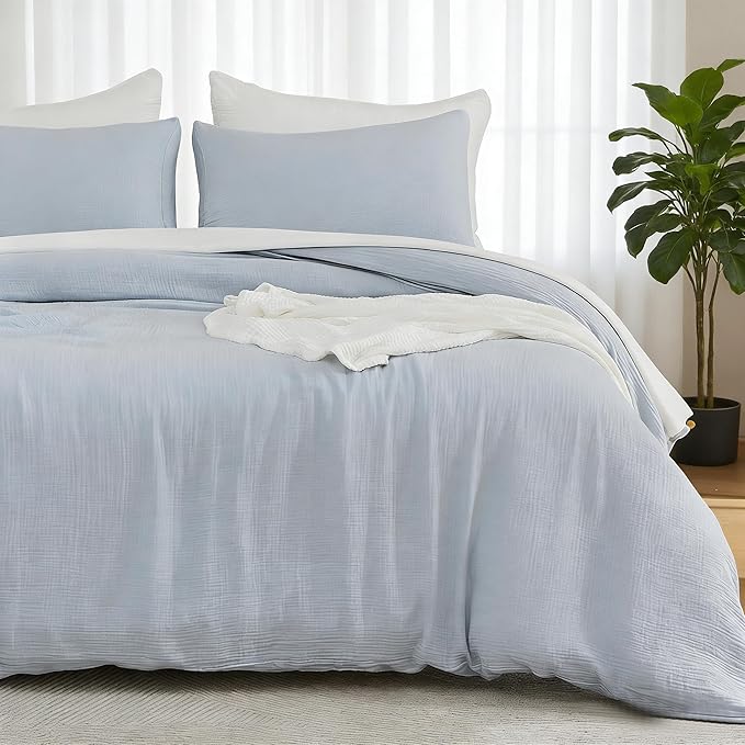 EMME Muslin Cotton Duvet Cover Set Queen Size Linen Like Soft Breathable Lightweight Summer Comforter Cover Set with Zipper Closure (Blue, Queen, 90"x90")