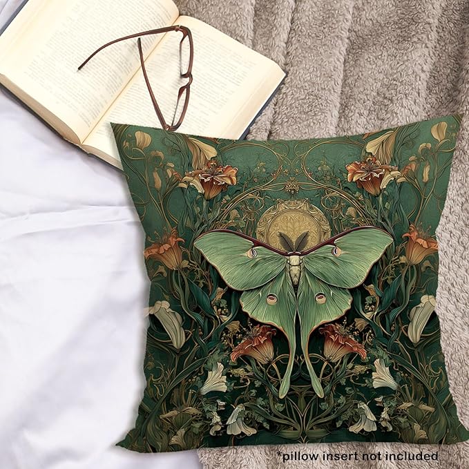 Vintage Luna Moth Throw Pillow Cover Gifts 18x18, Cottagecore Floral Decor Pillow Cases for Bedroom Living Room, Green Mystical Gothic Art Nouveau Square Pillowcases for Couch Bed Sofa