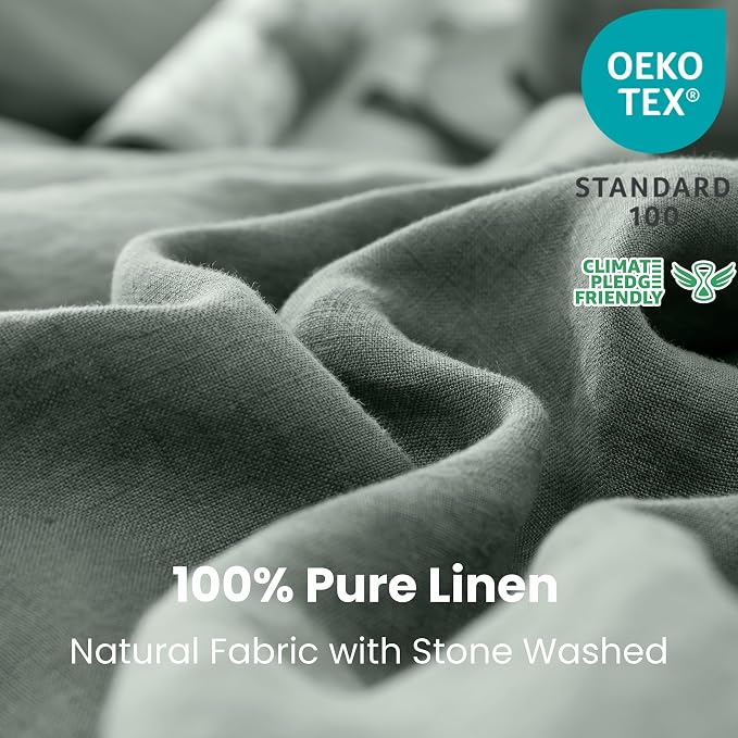 Simple&Opulence 100% Linen Duvet Cover Set 3pcs with Coconut Button Closure Natural French Washed Flax Solid Color Soft Breathable Farmhouse Bedding - Cushing Green, King Size