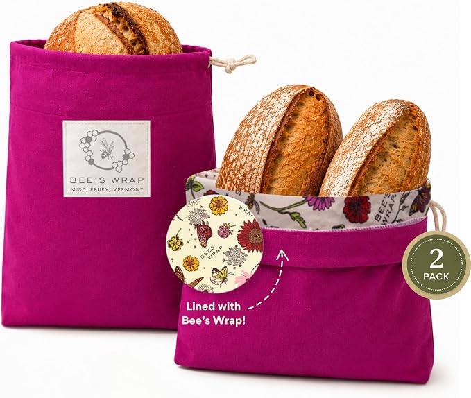 Bee’s Wrap Beeswax Bread Bag - 2 Meadow Magic Reusable Beeswax-Lined Bread Storage Bags - Breathable & Sustainable Homemade Bread Saver - Plastic Free Eco-Friendly Alternative