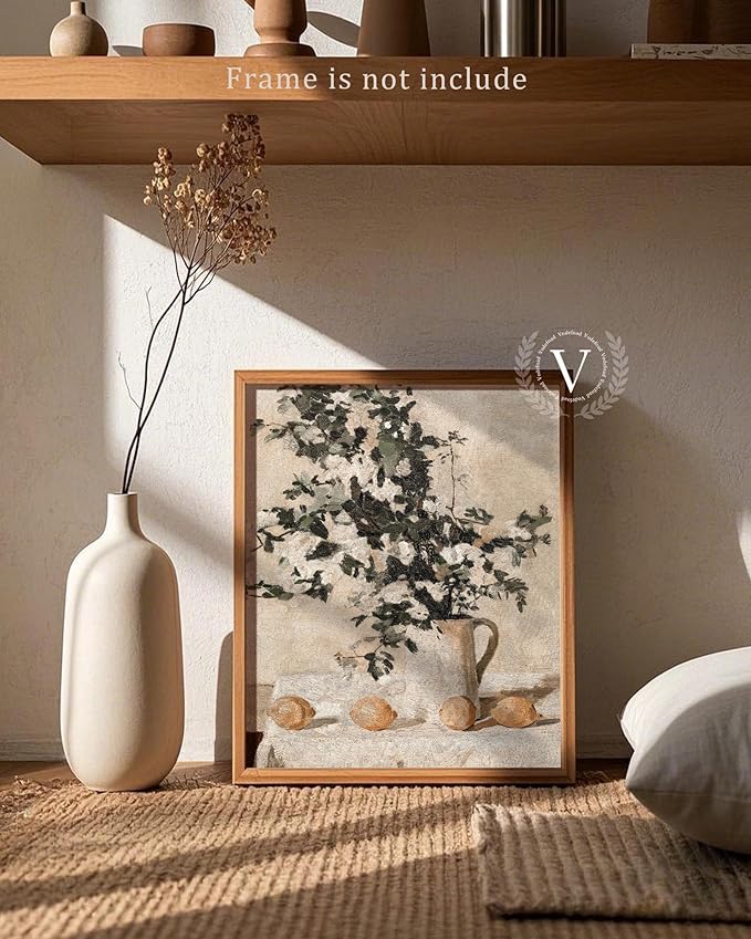 Vintage Flowers and Lemons Wall Art for Home Decor, Farmhouse Flowers and Lemons Wall Decor Canvas Artwork, Antique Muted Neutral Still Life Countryside Print Oil Painting for Bathroom, Living Room, Desktop Wall Decor - 8x10Inch Unframe