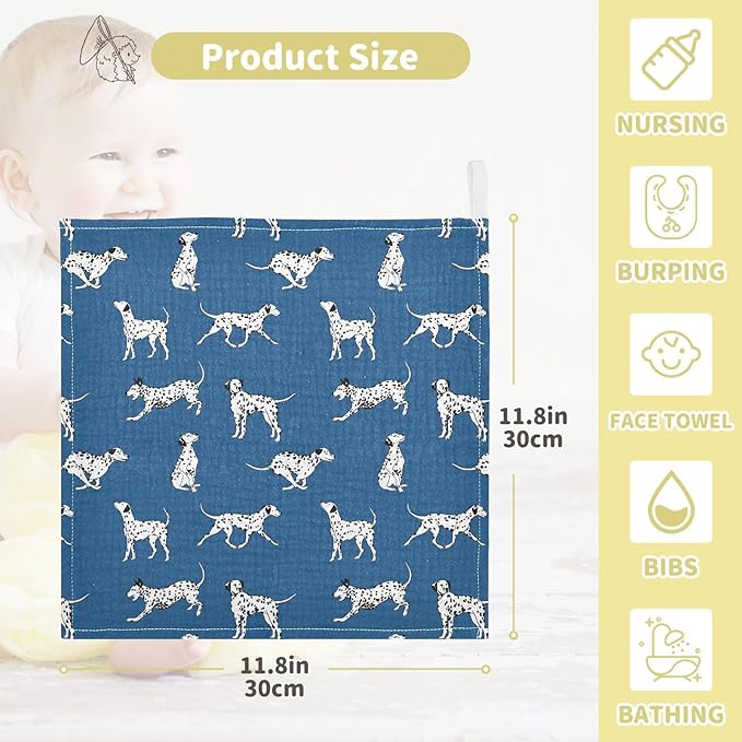 Baby Dalmatian Dogs Msulin Washcloths Newborn Face Towel - Baby Muslin Burp Cloths 5 Pack Soft Absorbent Natural Cotton Wash Towel 11.8"X11.8" Baby Bath Towels Wipes