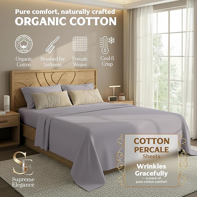 Supreme Elegance 100% Organic Cotton King Size Sheets Set (4Pc), Percale, Crisp, Breathable & Cooling Sheets for Hot Sleepers, Brushed for Softness, Includes 16" Deep Pocket Fitted Sheet, Lilac Marble