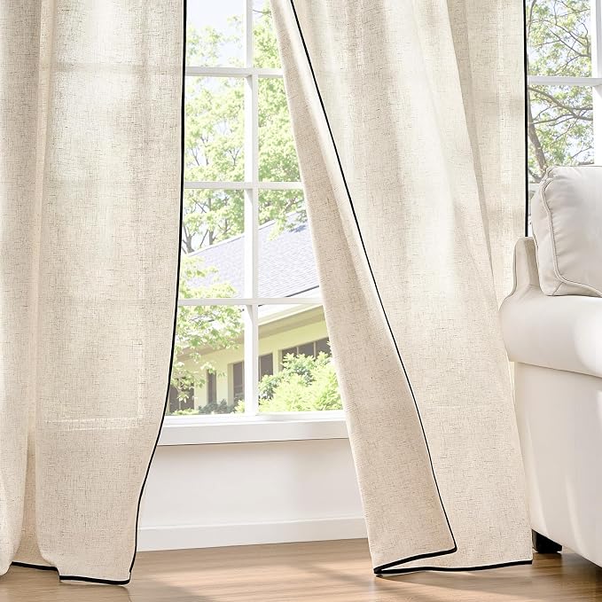 jinchan Beige Linen Blend Curtains with Black Trim, French Style Drapes for Living Room Bedroom 2 Panels 90 Inches Length Neutral Curtains Farmhouse Modern Window Treatment with Rod Pocket Back Tab
