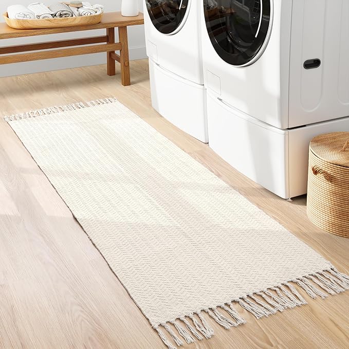 Lahome Belle Boho Kitchen Runner, 2x6 Laundry Room Rug Lightweight Runners for Hallways Washable Runner Rug with Tassels, Farmhouse Cotton Beige Throw Rugs Non Shedding Carpet for Entryway Bathroom