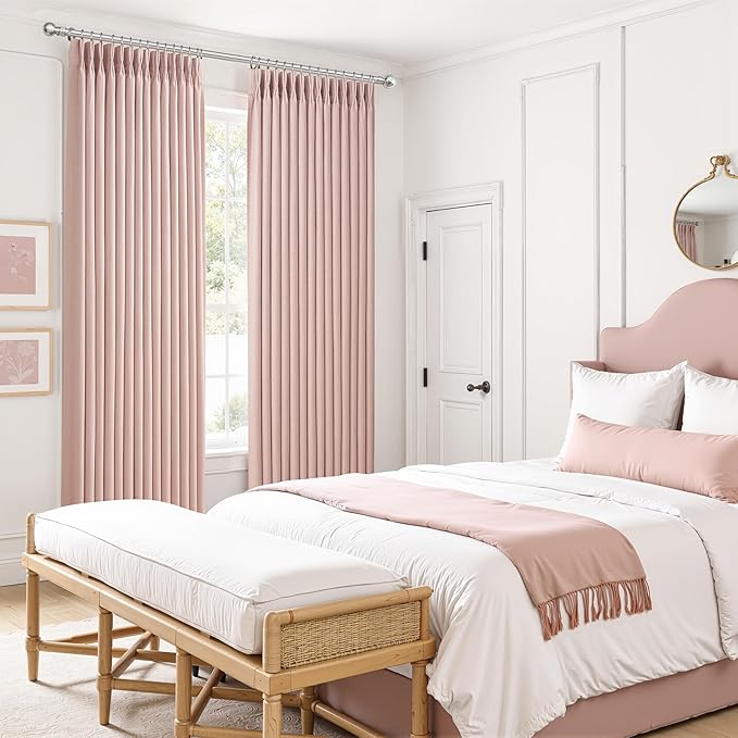 Light Pink Extra Long Floor to Ceiling Curtains 108 Inches Long for Kids Room, Memory Trained Pinch Pleated Blackout Insulated Two Layer Linen Drapes with Hooks Rings Privacy Luxury Curtain 2 Panels