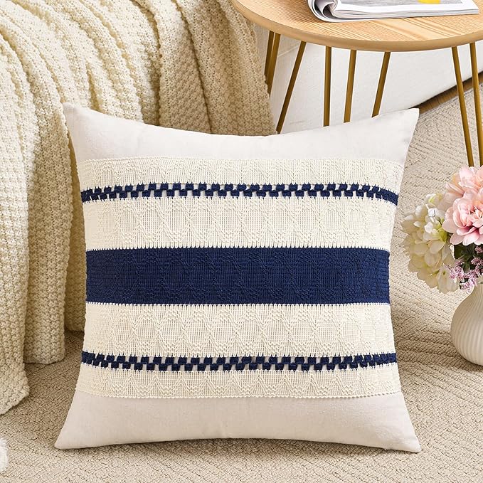 Fancy Homi Set of 1 Navy Blue Decorative Throw Pillow Covers 22x22 Inch for Couch Bed Sofa Living Room Office, Aesthetic Modern Organic Farmhouse Home Decor, Soft Cotton Woven Textured Cushion Case