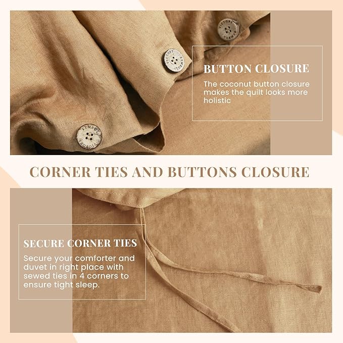 S VICTORY SYMBOL 100% Organic Linen Duvet Cover Set King Size 3pcs,Natural French Washed Flax Bedding(1 Duvet Cover 106"x92" and 2 Pillowcases) with Coconut Button Closure(Sandy Beige)