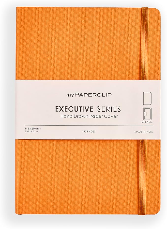 myPAPERCLIP Executive Series A5 Plain Notebook | 192 Pages, 80 GSM, Soft Cover, A5 (5.83 x 8.27 in) | Flat Lay | Bookmark, Elastic Closure & Back Pocket | Orange