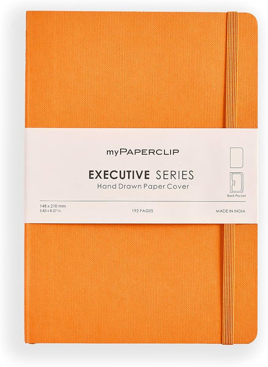 myPAPERCLIP Executive Series A5 Plain Notebook | 192 Pages, 80 GSM, Soft Cover, A5 (5.83 x 8.27 in) | Flat Lay | Bookmark, Elastic Closure & Back Pocket | Orange