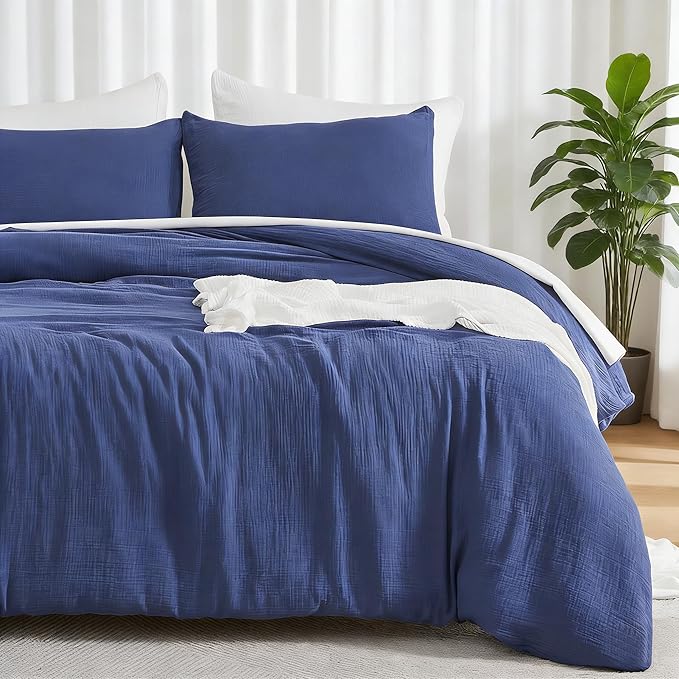 EMME Muslin Cotton Duvet Cover Set Navy Queen Size Linen Like Soft Breathable Lightweight Summer Comforter Cover Set with Zipper Closure (Navy, Queen, 90"x90")