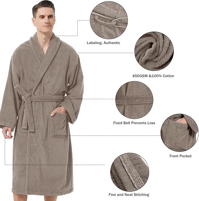Men's Robe,Pure Cotton Robe for Men,Absorbent Bathrobe,Luxurious Terry Cloth Bathrobe with Shawl Collar