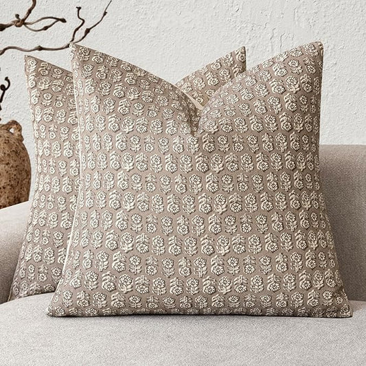 Foindtower Set of 2 Decorative Neutral Floral Print Throw Pillow Covers Vintage Accent Farmhouse Cushion Covers Boho Home Decor for Sofa Couch Chair Bedroom Living Room,20×20 Inch,Tan Taupe
