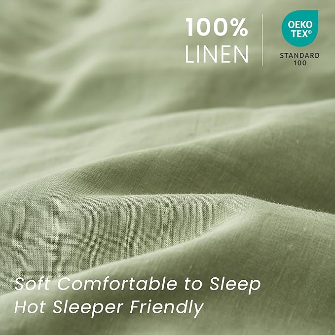 100% French Linen Pillow Shams Basic Style - Pack of 2 - Washed Solid Color Natural Flax Soft Breathable - Sage Green, 20'' x 26''
