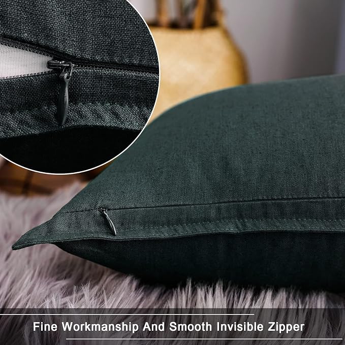 Jeanerlor Pack of 2 24 x 24 Inch Cotton Linen Soft Soild Decorative Square Throw Pillow Covers Green Cushion Case Set for Bedroom/Sofa/Car 60 x 60 cm, Dark Green