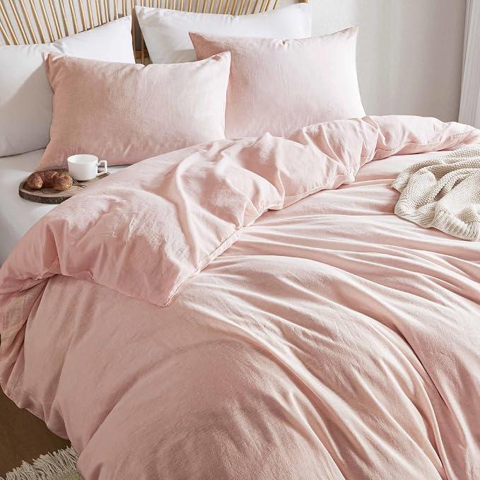 Hyde Lane Linen Duvet Cover Set King Size, 3Pcs Textured French Flax Linen Cotton Blend Bedding Set, Natural and Organic, Soft and Breathable, with 2 Pillow Shams, 104"x90", Pink