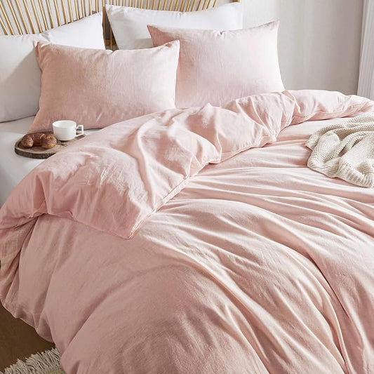 Hyde Lane Linen Duvet Cover Set King Size, 3Pcs Textured French Flax Linen Cotton Blend Bedding Set, Natural and Organic, Soft and Breathable, with 2 Pillow Shams, 104"x90", Pink