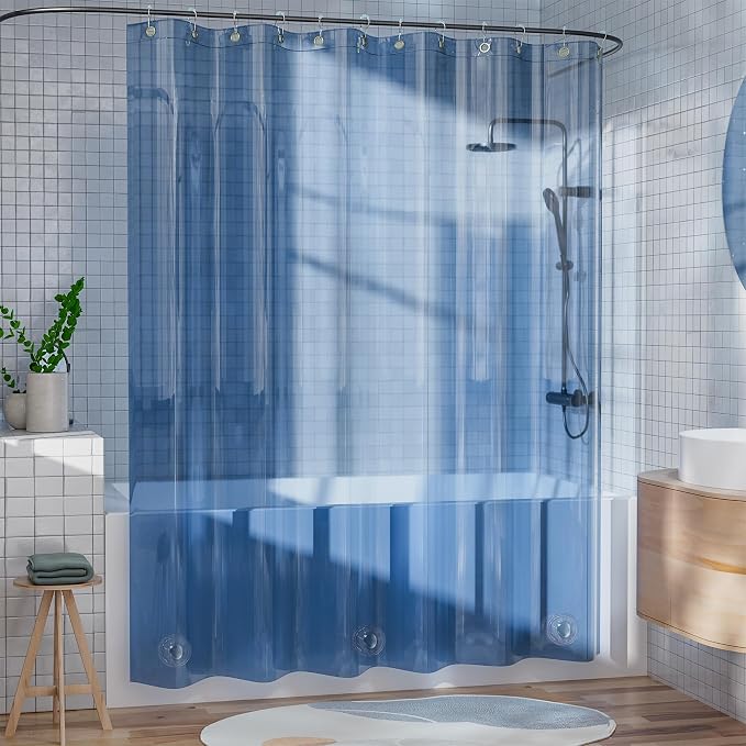 AmazerBath Shower Curtain Liner, 100% EVA Soft Clear Blue Heavy Duty Shower Curtain and Liner 2-in-1, 72x72 Luxury Plastic Weighted Bathroom Shower Liner, 12 Rustproof Grommets & 3 Heavyweight Stones