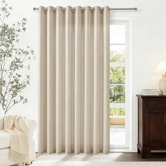 Warm Beige Extra Wide 100 Inch Linen Curtains Room Divider 84 Inch Length 1 Panel Sliding Door Curtains for Living Room Semi Sheer Curtains Grommet Privacy Farmhouse Curtains