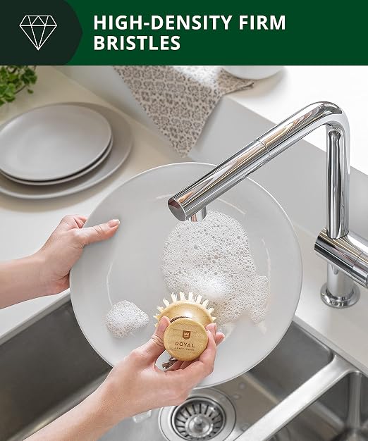 ROYAL CRAFT WOOD Bamboo Dish Scrub Brush w/Handle - Wooden Washing Dish Brush Scrubber for Kitchen - Filrm Bristles Brush with Handle for Sink, Dishes & Vegetables