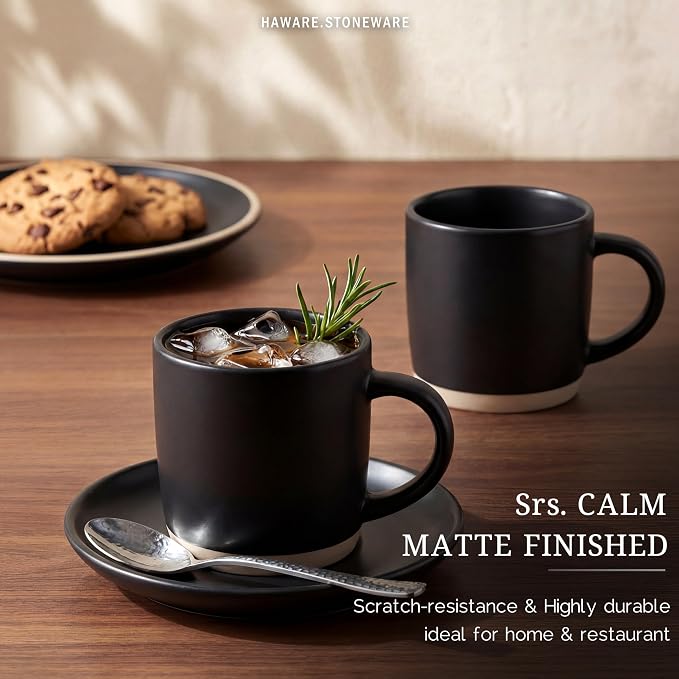HaWare 13OZ Coffee Mugs Set of 6, Stoneware Coffee Cups, Ceramic Latte Mug for Man, Woman, Dad, Mom, Modern Tea Mugs for Latte/Cappuccino/Cocoa/Milk, Dishwasher& Microwave Safe, Frosting Black