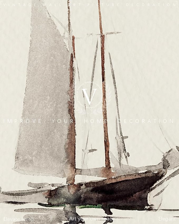 Vodefoad Vintage Coastal Sailboat Drawing Lake House Decor Soft Coastal Nautical Wall Art Neutral Nautical Wall Art Boat Sea Lover Wall Print Antique Sketch Art(UNFRAMED 8x10in)