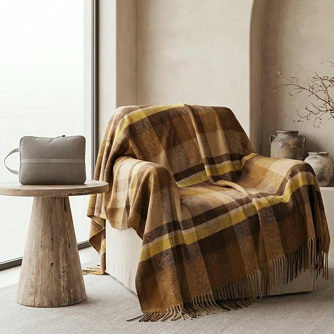 Soft Pure Wool Throw Blanket, Lightweight Warmth, 55"x83", Plaid, Fringe, Compact with Bag, Useful Gift for Women Men, All Season Decorative Cozy Travel Blanket for Couch Bed, Outdoors