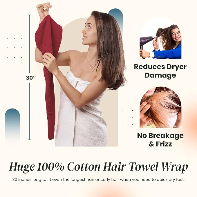 Extra Large Waffle Cotton Hair Towel Wrap - 30 inches Long, 400 GSM, Ultra Absorbent, Quick Dry Hair Turban for Women, Ideal for Long and Curly Hair, Perfect for Plopping (Cherry Red)